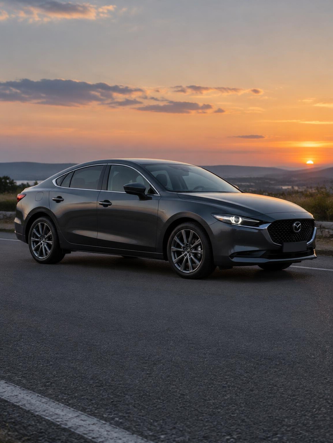 Dark grey sports car parked on an empty road at dusk
